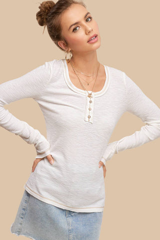 JAT7559-Ribbed Henley Stitched Spring Fall Long Sleeve Top: M / Ivory