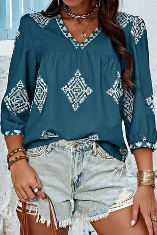 Summer 3/4 Sleeve Vintage Floral Print V-neck Top AXR108: Black / M