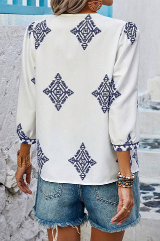 Summer 3/4 Sleeve Vintage Floral Print V-neck Top AXR108: Black / L