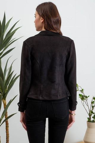 FAUX SUEDE ZIP UP MOTO JACKET: BLACK