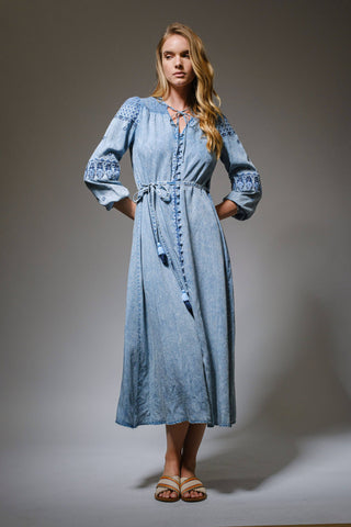 Denim Embroidered Maxi Dress