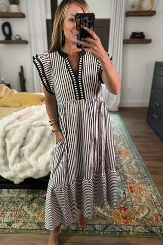 Black Stripe Ruffle Sleeve Dress