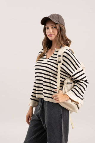 STRIPE SPLIT NECK LONG SLEEVE KNIT SWEATER: BLACK