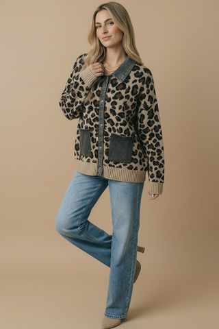 Denim Leopard Jacquard Twofer Cardigan