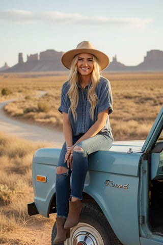 Frayed Trim Denim Button Top: