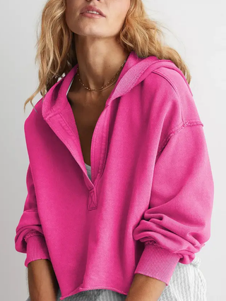 Pink V-Neck Hooded Pullover