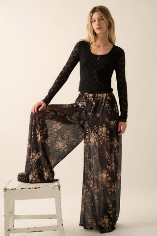 Floral Mesh Elastic-Waist Wide-Leg Pants: Black / S