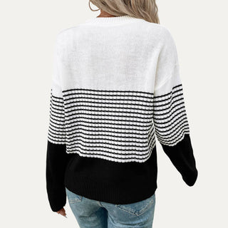 Casual and Basic Black Striped Round Neck Knit Top: Black Multi / S