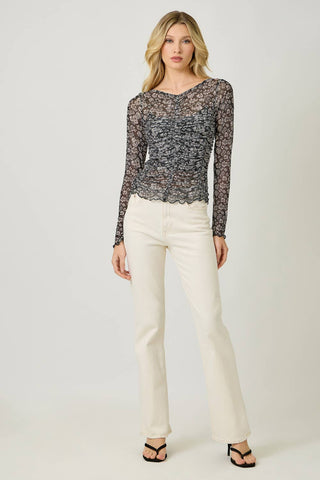 Scalloped Hem Mesh Print Top