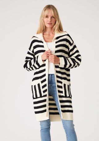 Striped Open Front Long Sleeve Cardigan: Black/White / M
