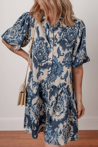 Blue Boho Floral Print Dress