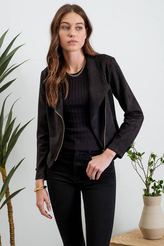 FAUX SUEDE ZIP UP MOTO JACKET: BLACK