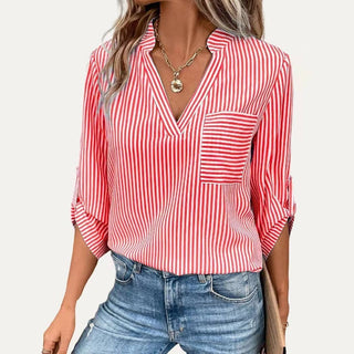 Classic Striped Pattren V Neck Half Sleeve Top: Black / S