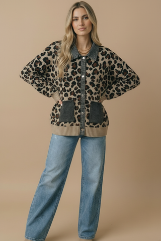 Denim Leopard Jacquard Twofer Cardigan