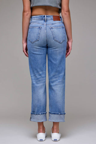 Medium Wash Cuffed High Rise Straight