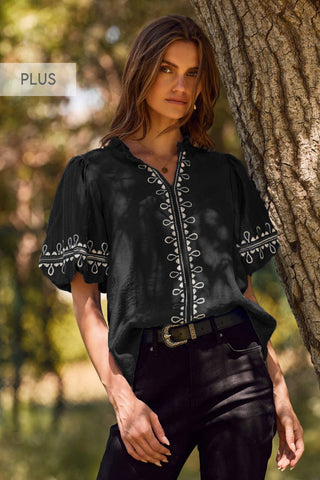 Plus Solid Embroidered Short Blouse