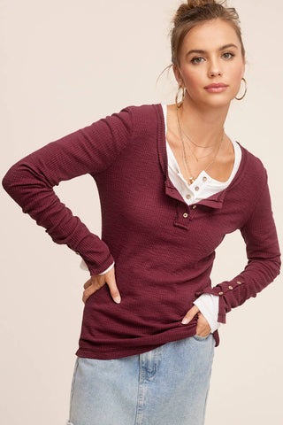 JAT7559-Ribbed Henley Stitched Spring Fall Long Sleeve Top: M / Ivory