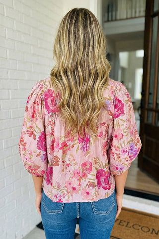 Floral Print Tie Neck Puffy Blouse
