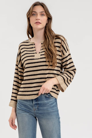STRIPE SPLIT NECK LONG SLEEVE KNIT SWEATER: BLACK