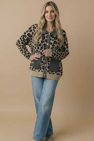 Denim Leopard Jacquard Twofer Cardigan