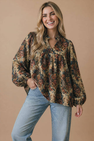 Vintage Floral Bubble Sleeve Blouse