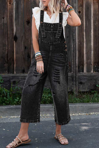 Black Denim Distressed Bib Overalls