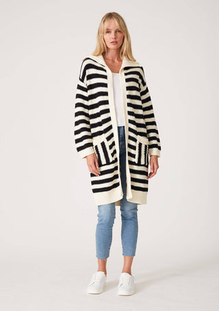 Striped Open Front Long Sleeve Cardigan: Black/White / S