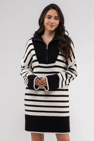 STRIPED COLLARED KNIT SWEATER DRESS: BLACK