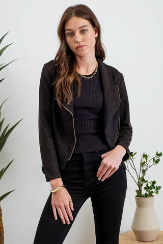 FAUX SUEDE ZIP UP MOTO JACKET: BLACK