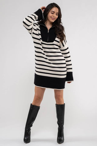 STRIPED COLLARED KNIT SWEATER DRESS: BLACK