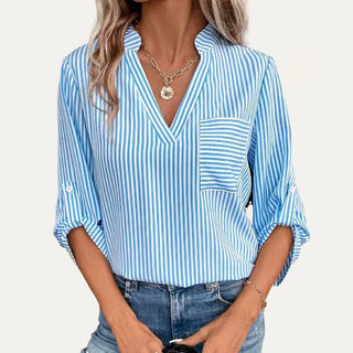 Classic Striped Pattren V Neck Half Sleeve Top: Black / XL