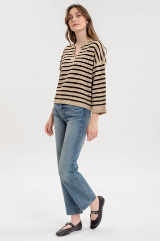 STRIPE SPLIT NECK LONG SLEEVE KNIT SWEATER: BLACK