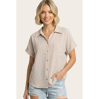 Oatmeal Collared Short Sleeve Blouse