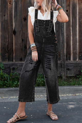Black Denim Distressed Bib Overalls