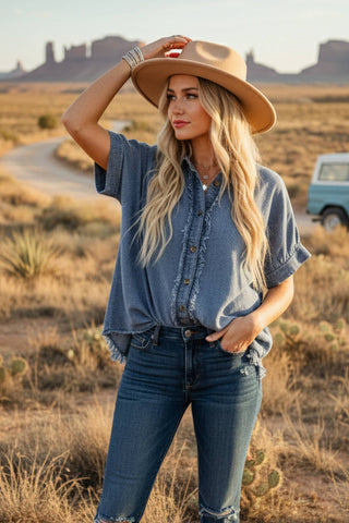 Frayed Trim Denim Button Top: