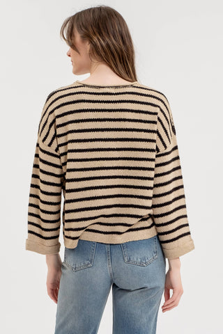 STRIPE SPLIT NECK LONG SLEEVE KNIT SWEATER: BLACK