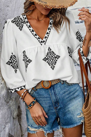 Summer 3/4 Sleeve Vintage Floral Print V-neck Top AXR108: Black / L