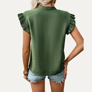 Green V-Neck Ruffled Blouse