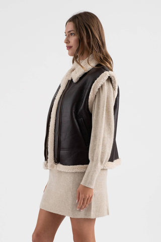 FAUX LEATHER SHEARLING VEST: DARK BROWN