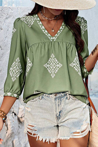 Summer 3/4 Sleeve Vintage Floral Print V-neck Top AXR108: Black / S