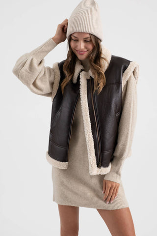FAUX LEATHER SHEARLING VEST: DARK BROWN
