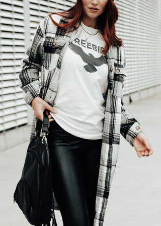 Grey, Black & White Plaid Long Flannel