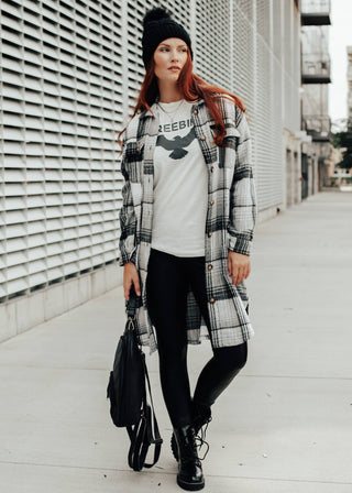 Grey, Black & White Plaid Long Flannel