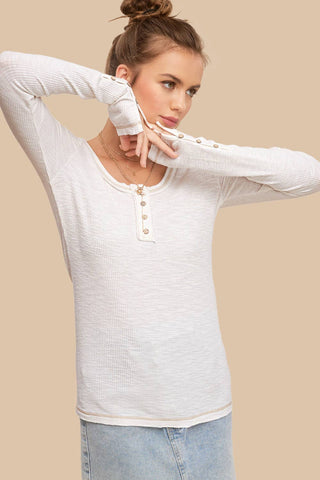 JAT7559-Ribbed Henley Stitched Spring Fall Long Sleeve Top: M / Ivory